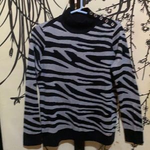 Calvin Clein Grey Zebra Print Knit Sweater W/Silver TonedButtons On Shoulder